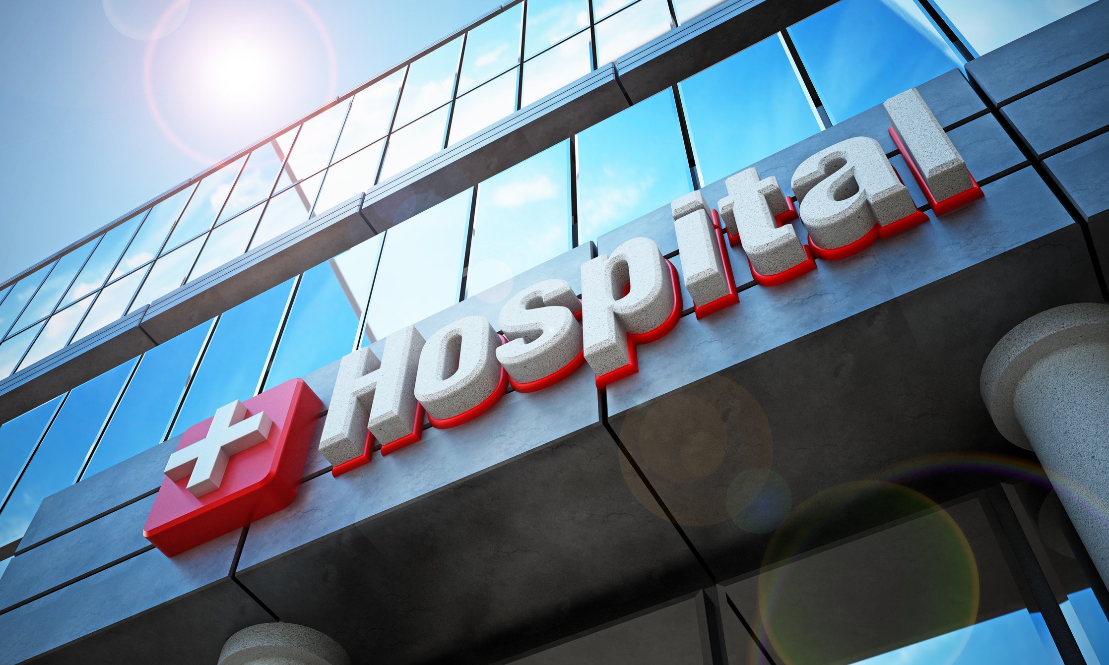 Hospital building exterior and hospital sign 